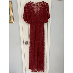 May & July‎ Maxi Dress Women Small Cotton Blend Short Sleeve Floral Lace Maroon